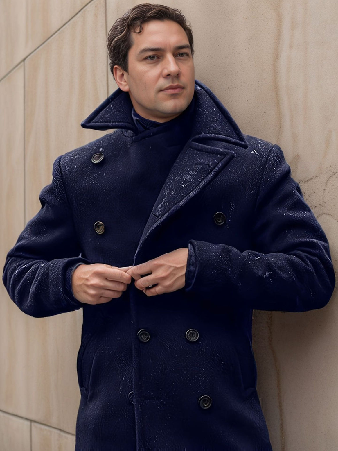 Men's Double-Breasted Wool Coat with High Stand Collar and Tailored Silhouette Mune Fashion