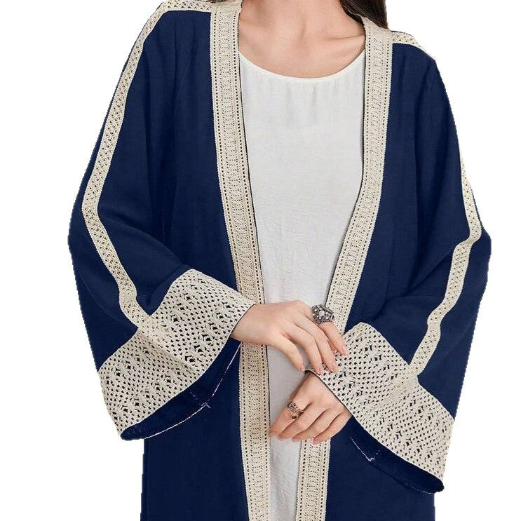 Ladies Long Open-Front Kaftan Coat with Crochet Lace Trim Mune Fashion