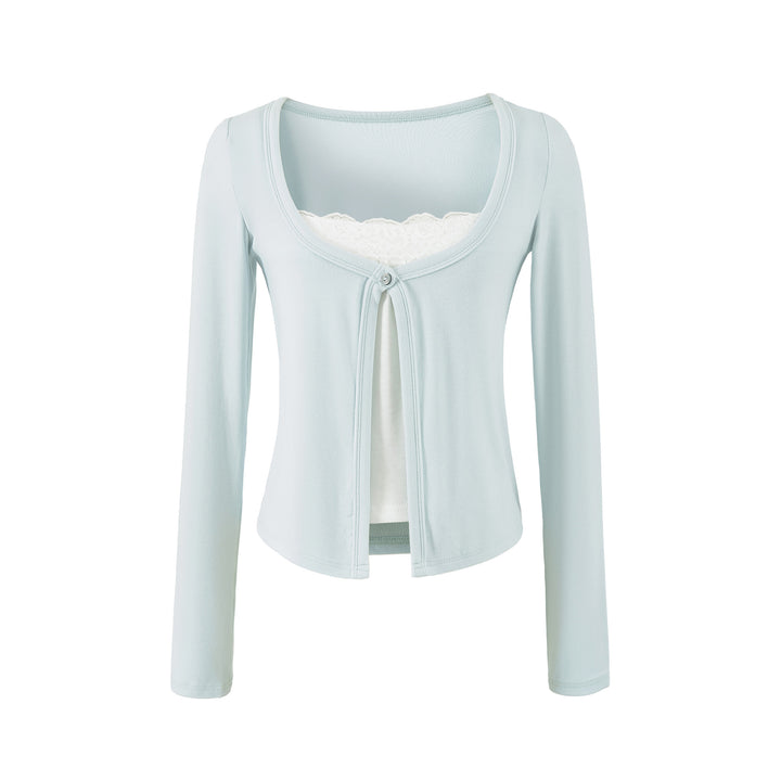 Women's layered cardigan with integrated lace cami and single-button closure Mune Fashion