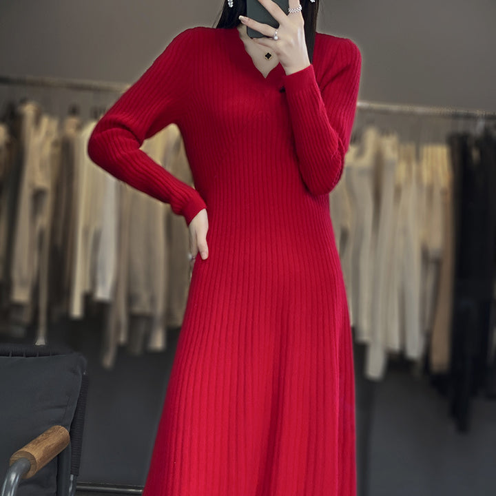Women Long Ribbed Knit Midi Dress with Tailored Silhouette and A-Line Skirt Mune Fashion