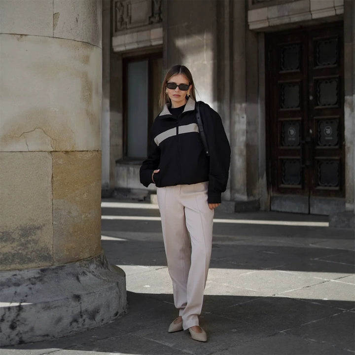 Women's Cropped Bomber Jacket with Contrast Stripes, Stand Collar and Boxy Silhouette Mune Fashion