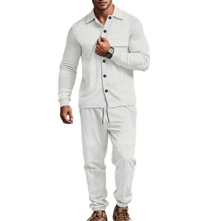 Men's urban lounge two-piece set with shirt jacket, chest pocket, and drawstring joggers made of textured cotton blend Mune Fashion