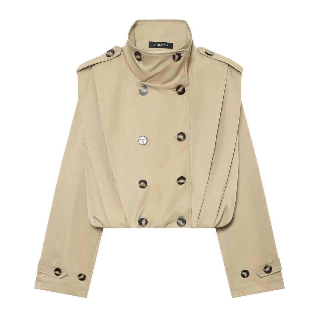 Women's Cropped Trench Coat in Cape Look with Double-Breasted Button Placket and High Stand Collar Mune Fashion