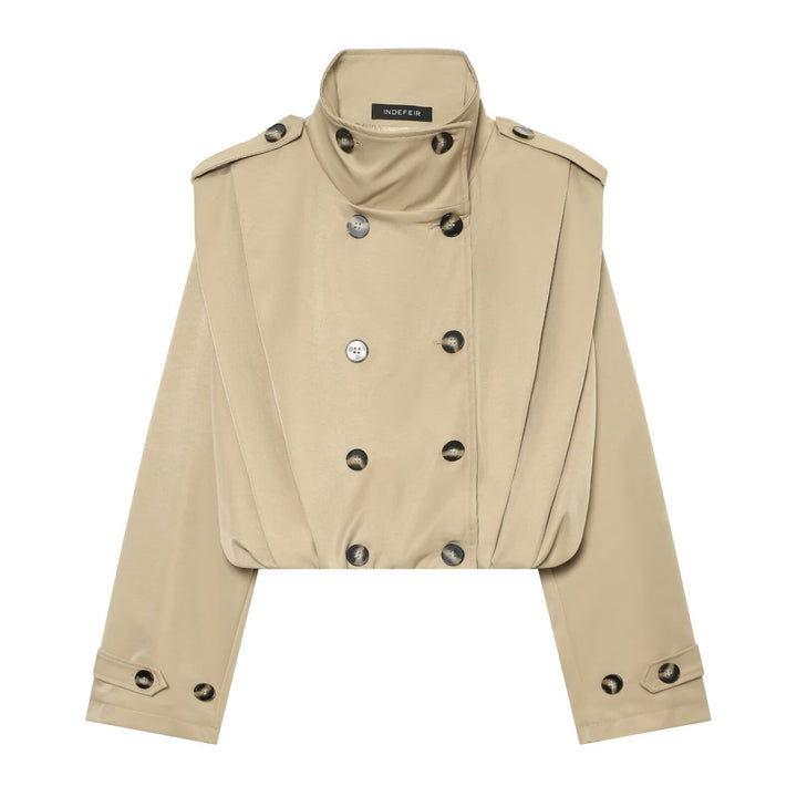 Women's Cropped Trench Coat in Cape Look with Double-Breasted Button Placket and High Stand Collar Mune Fashion