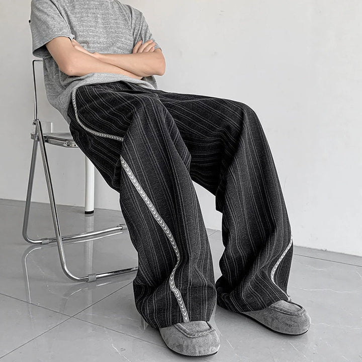 Men's loose baggy trousers in suit look with fine pinstripe and braided side piping Mune Fashion
