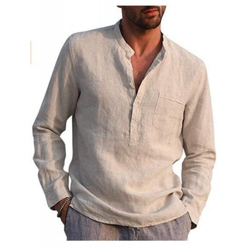 Men's Lightweight Linen Shirt with Stand Collar, Half Button Placket and Chest Pocket Mune Fashion
