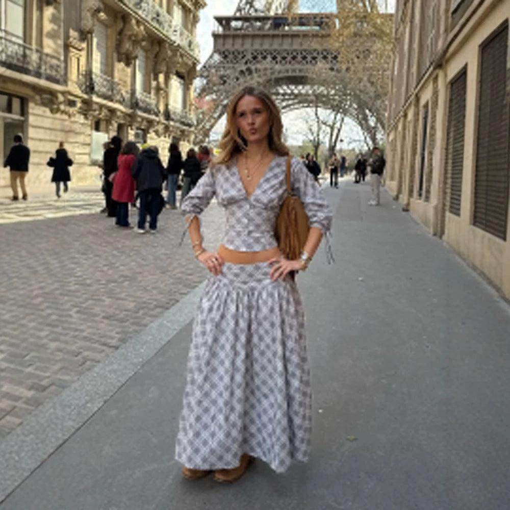 Women's longer loose maxi skirt with high waistband, gathered width & allover diamond pattern Mune Fashion