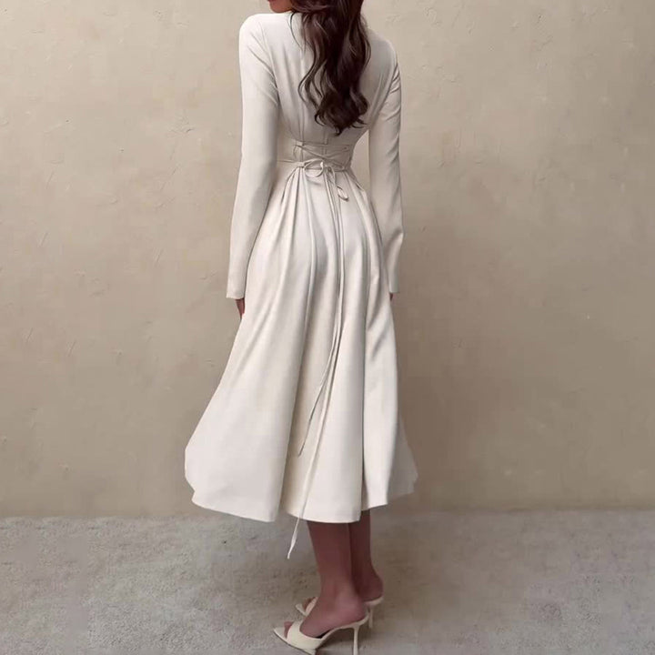 Women's Long Sleeve Midi Dress in A-Line Cut with Continuous Button Placket Mune Fashion