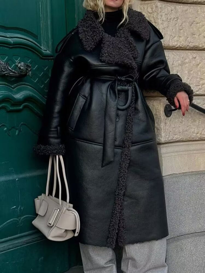 Women's long faux leather coat with teddy lining and belted waist Mune Fashion