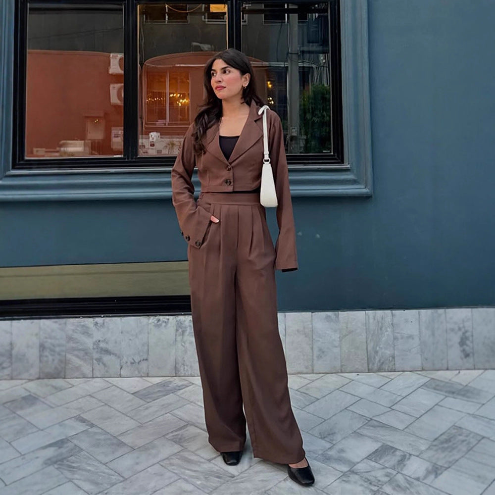 Women Two-Piece Tailoring Set Short Blazer with Bell Sleeves and High-Waist Palazzo Pants Mune Fashion