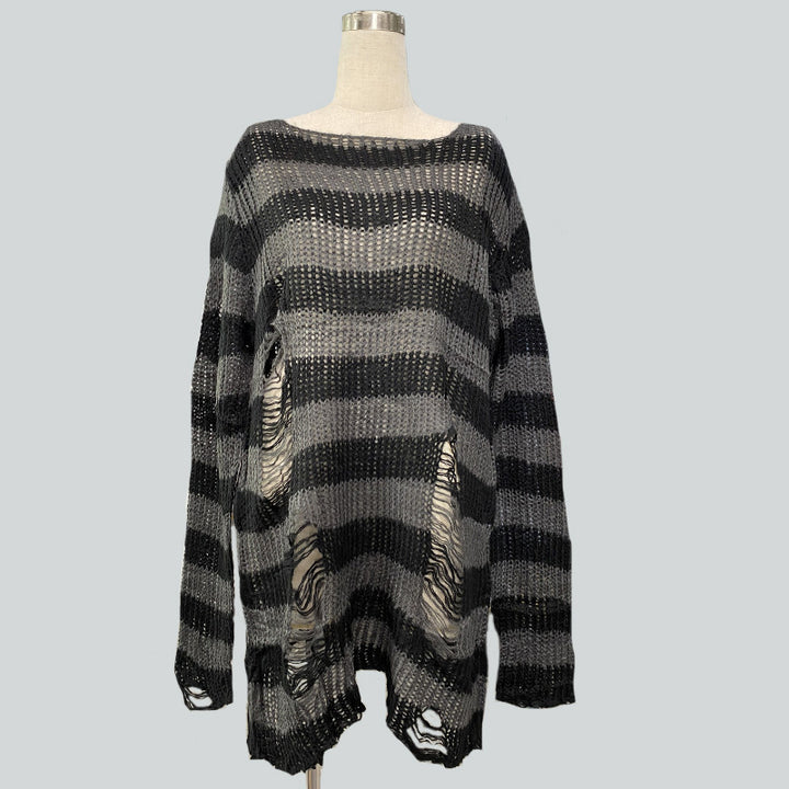 Women's oversized chunky knit sweater with wide block stripes and distressed design Mune Fashion