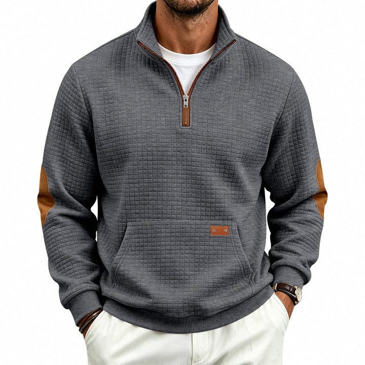 Men's Textured Half-Zip Sweatshirt with Waffle Structure, Kangaroo Pocket and Leather Elbow Patches Mune Fashion