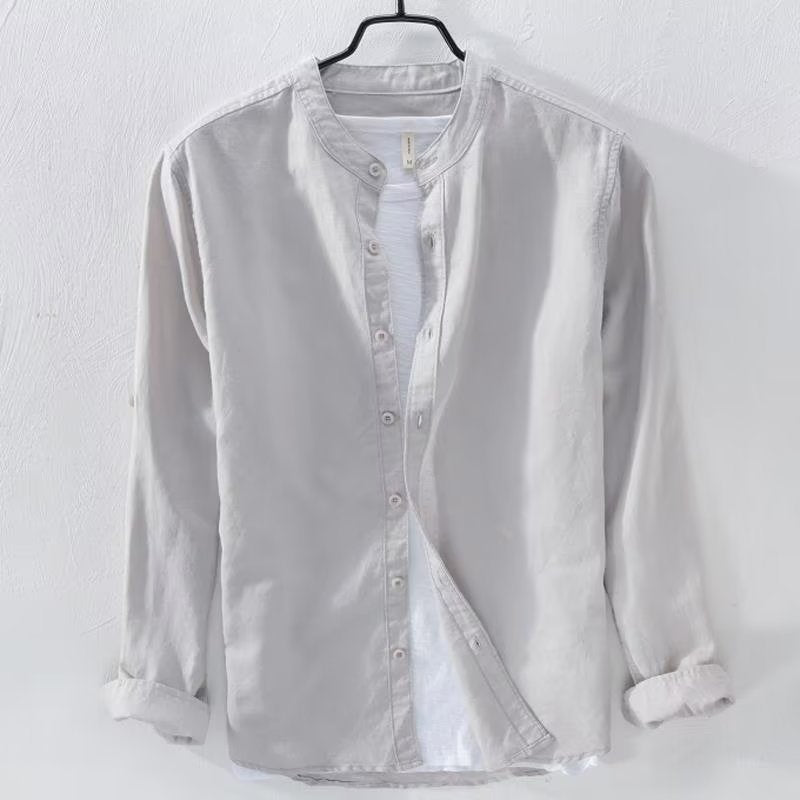 Men's lightweight linen shirt with stand collar and full button placket Mune Fashion