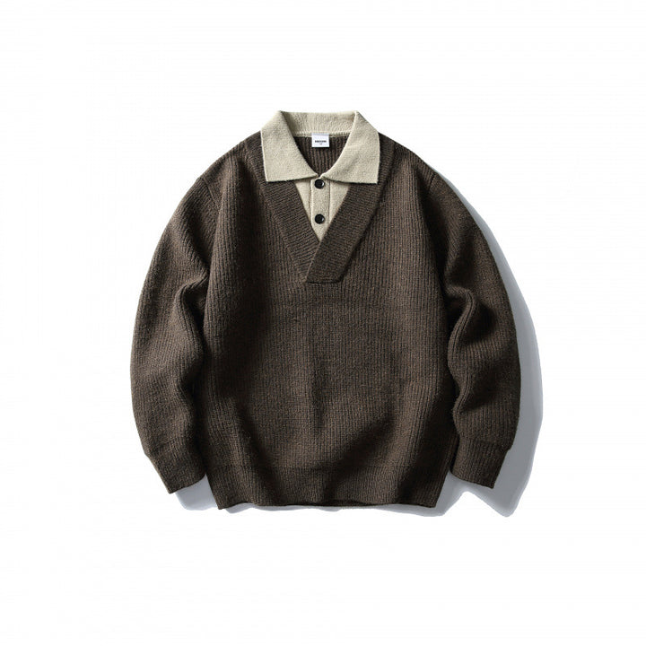 Men's pullover with polo half-button placket, oversized ribbed knit and V-neck detail Mune Fashion