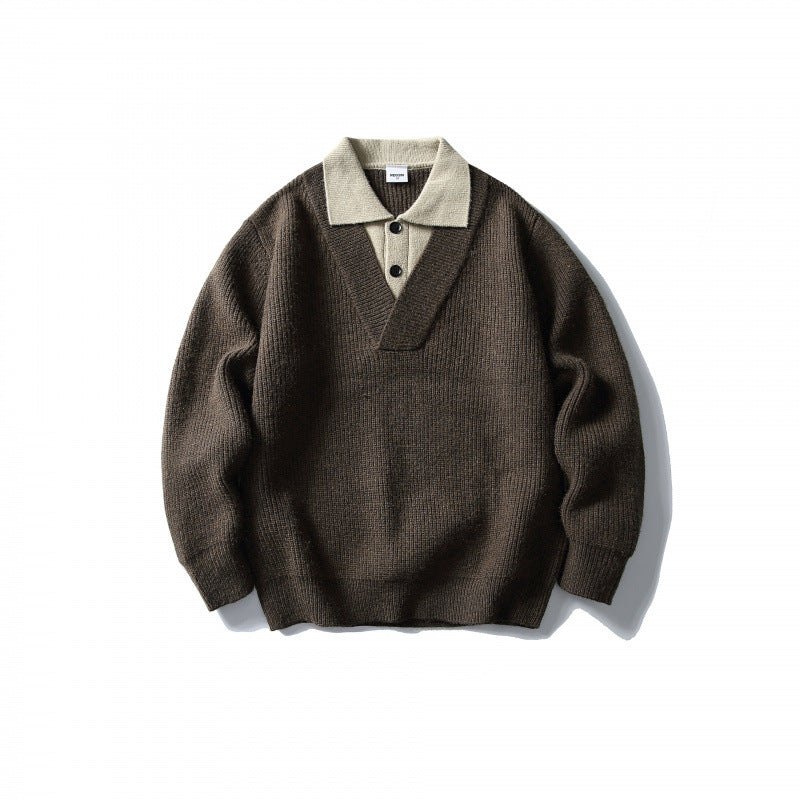 Men's knit polo sweater with oversized cut, V-insert and contrast collar Mune Fashion