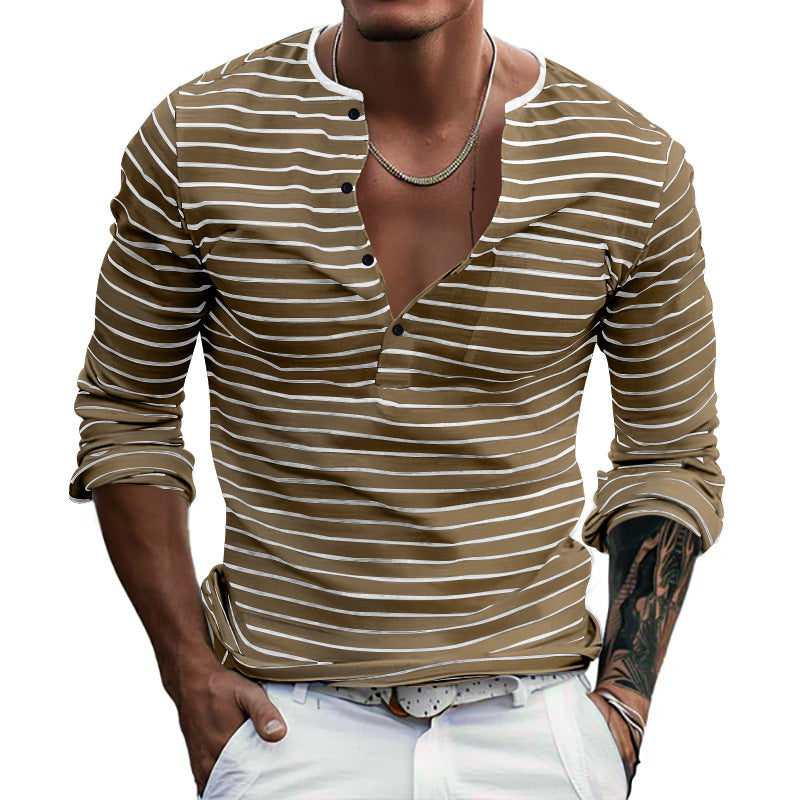 Men's striped long-sleeve shirt with short button placket, round neckline, and subtle chest pocket Mune Fashion