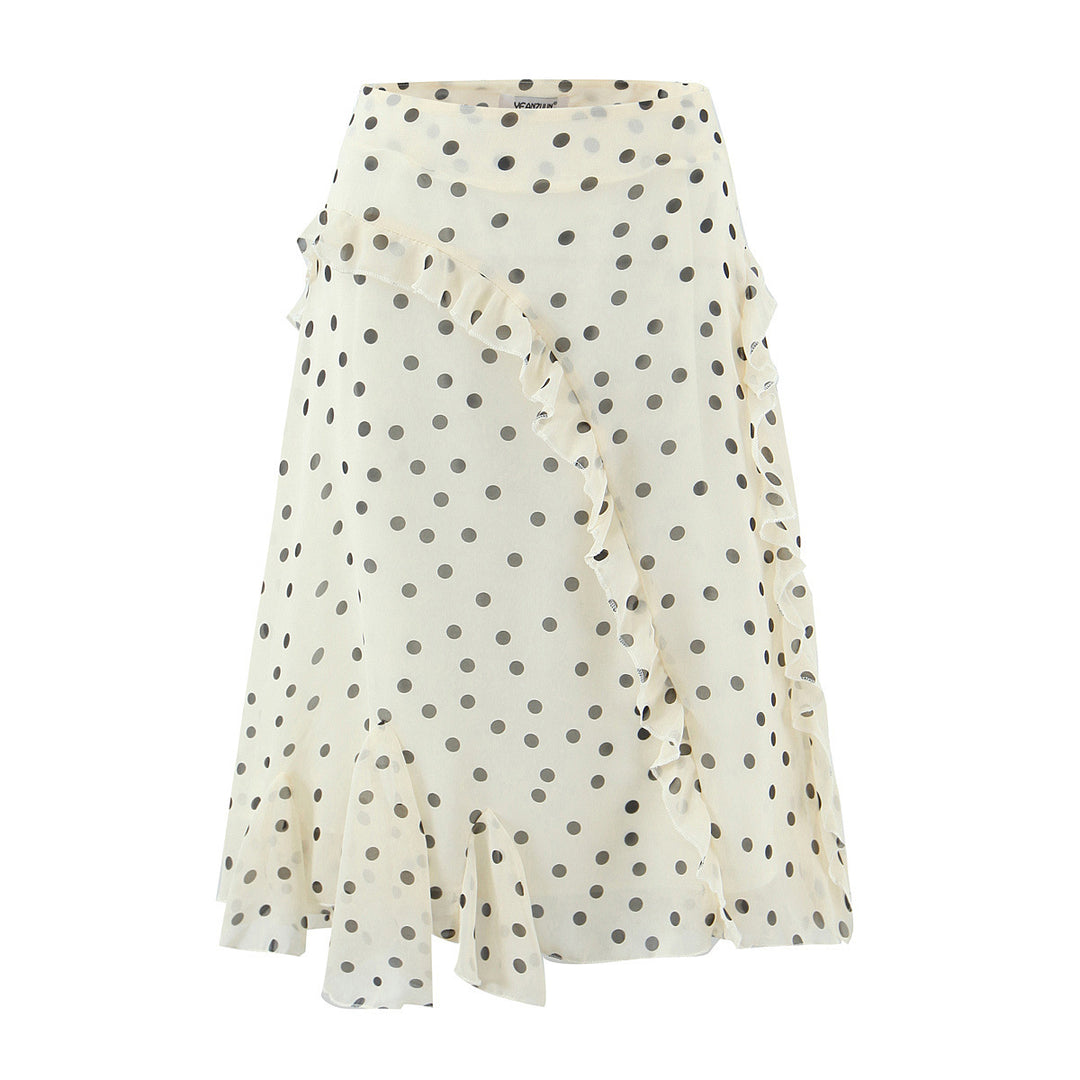 Women Playful Midi Skirt with Wrap Look Ruffles and Polka Dot Print Mune Fashion