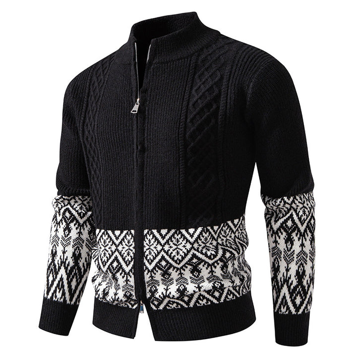 Men's High-Quality Norwegian Zip Cardigan with Cable Pattern and Stand-Up Collar Mune Fashion