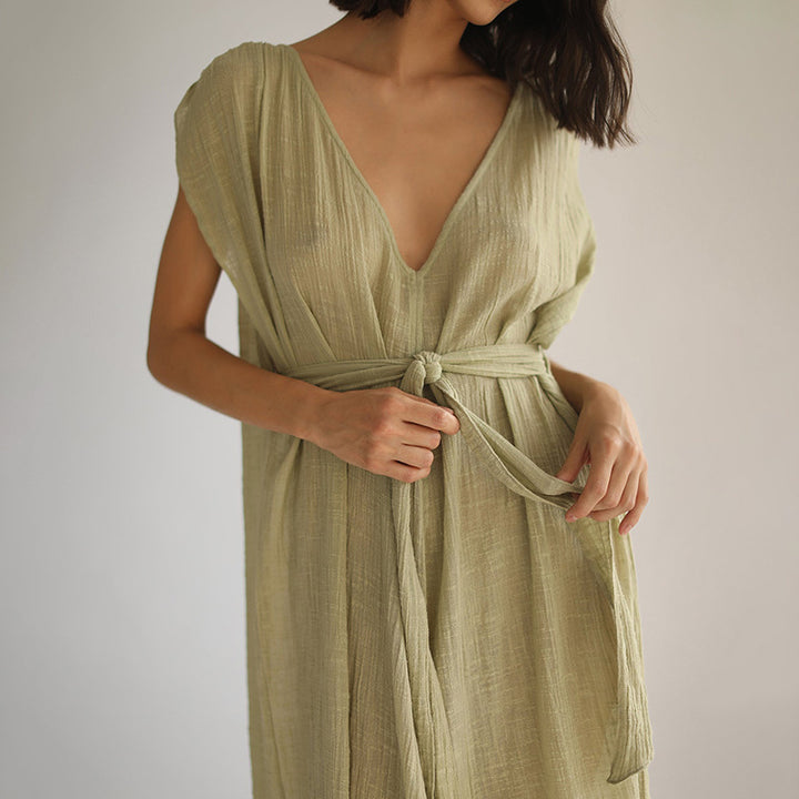 Women airy beach dress with tie belt Mune Fashion