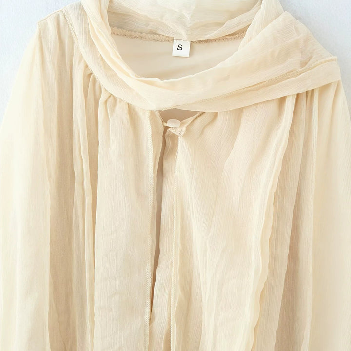Women's Flowing Chiffon Pleated Blouse with Tie and Cuffs Mune Fashion