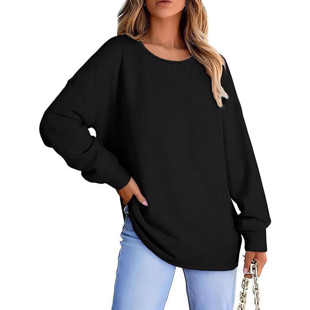 Women's Oversize Waffle Knit Sweater with Round Neck, Balloon Sleeves, and Extended Hem Mune Fashion