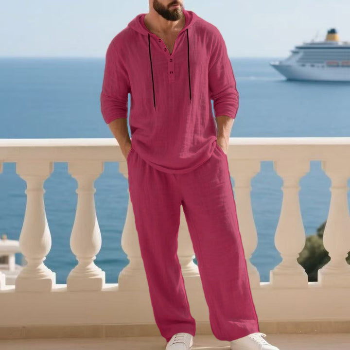 Men's casual linen two-piece set with hooded Henley-style shirt and loose-fitting leisure pants Mune Fashion