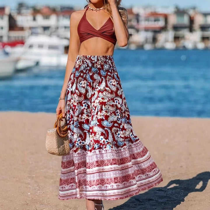 Women's maxi skirt with elastic smocked waistband and flowing paisley print Mune Fashion