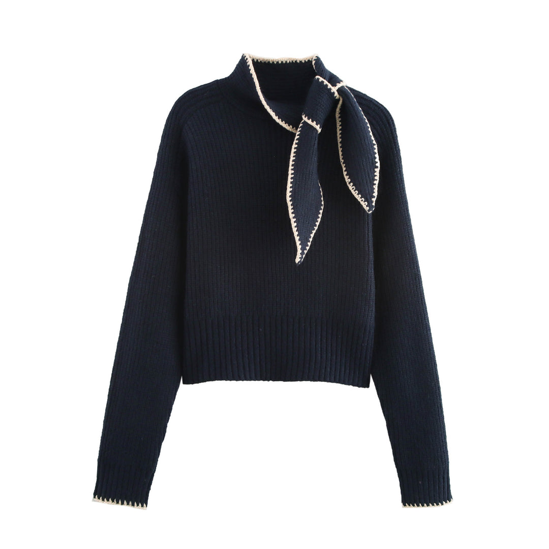 Women's Short-Cut Ribbed Knit Sweater with High Collar and Integrated Knot Scarf Mune Fashion