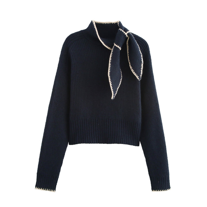 Women's Short-Cut Ribbed Knit Sweater with High Collar and Integrated Knot Scarf Mune Fashion