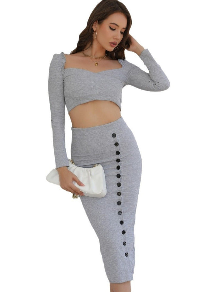 Women Two-Piece Knit Set with Cropped Top and Tailored Midi Skirt with Decorative Button Placket Mune Fashion