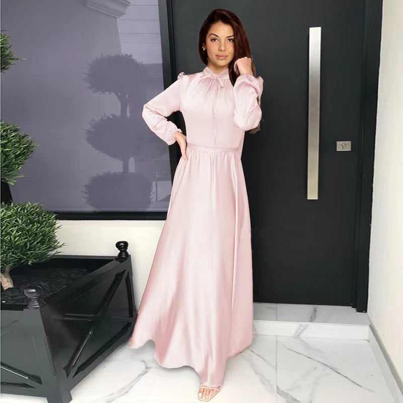 Women's maxi dress made of flowing satin with stand-up collar and tie belt Mune Fashion