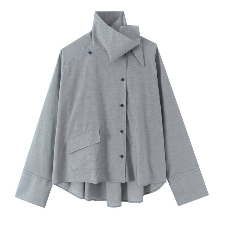 Women's oversized blouse with high shawl collar and asymmetrical button placket Mune Fashion