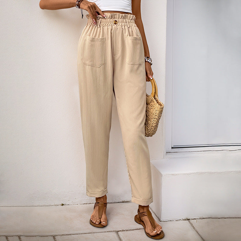 Women's High-Waisted Paperbag Pants with Elastic Waistband, Patch Pockets & Tapered Leg Mune Fashion