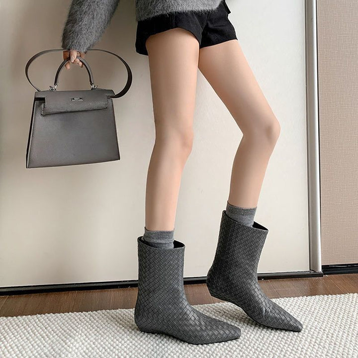 Women's Braided Leather Look Mid-Calf Ankle Boots with Pointed Toe and Flat Heel Mune Fashion