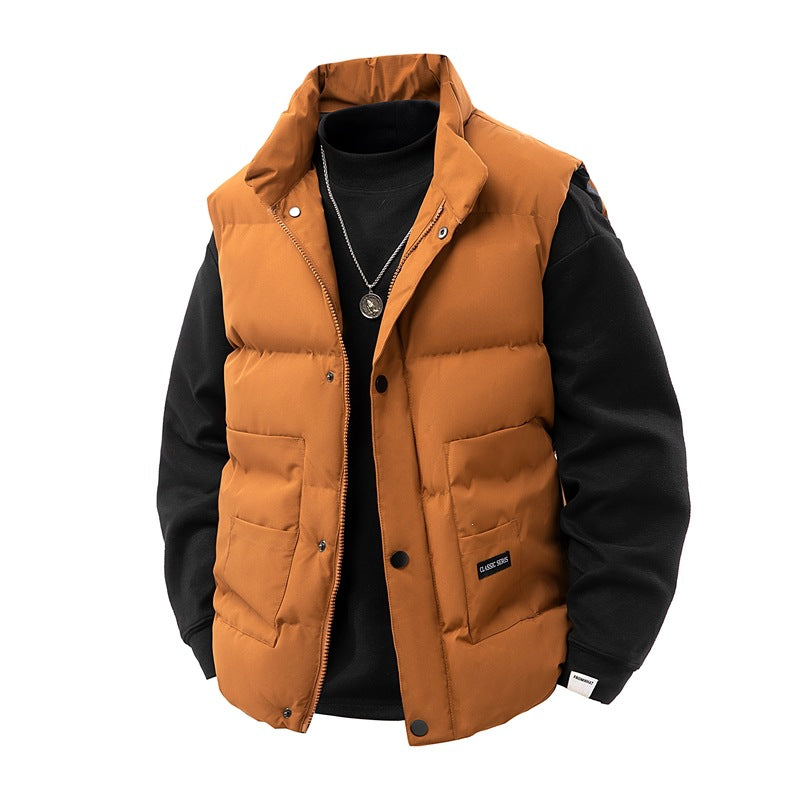 Men's thermo quilted vest with high collar trim, snap button front & mounted utility pockets Mune Fashion