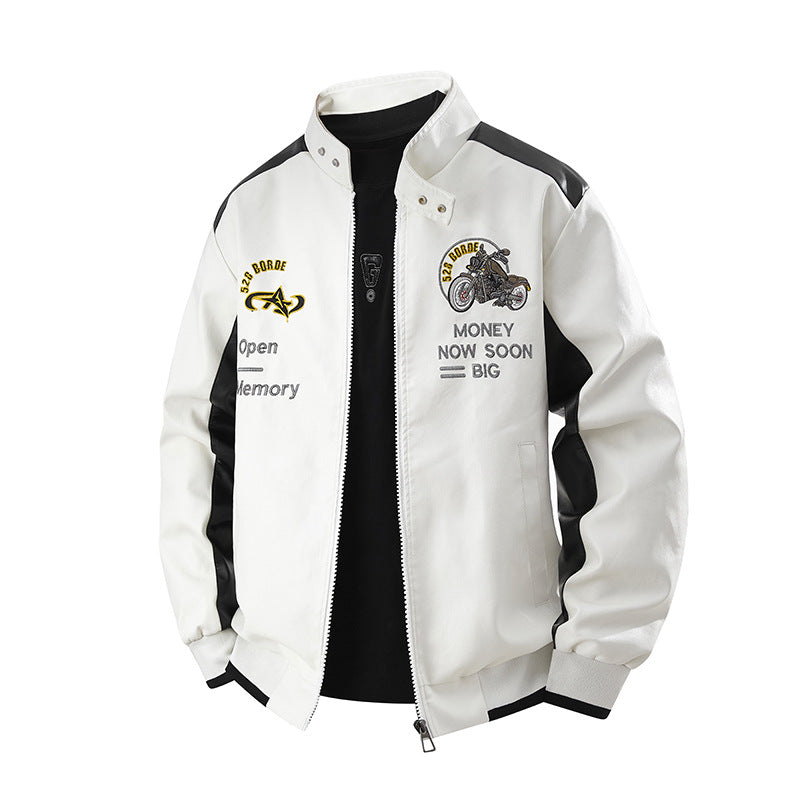 Men's stylish faux leather blouson with embroidered emblems and contrasting side panels Mune Fashion