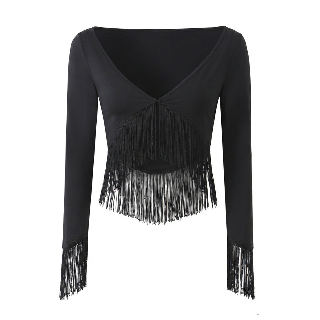 Women Cropped V-Neck Top with Long Sleeves and Decorative Fringe Trim Mune Fashion
