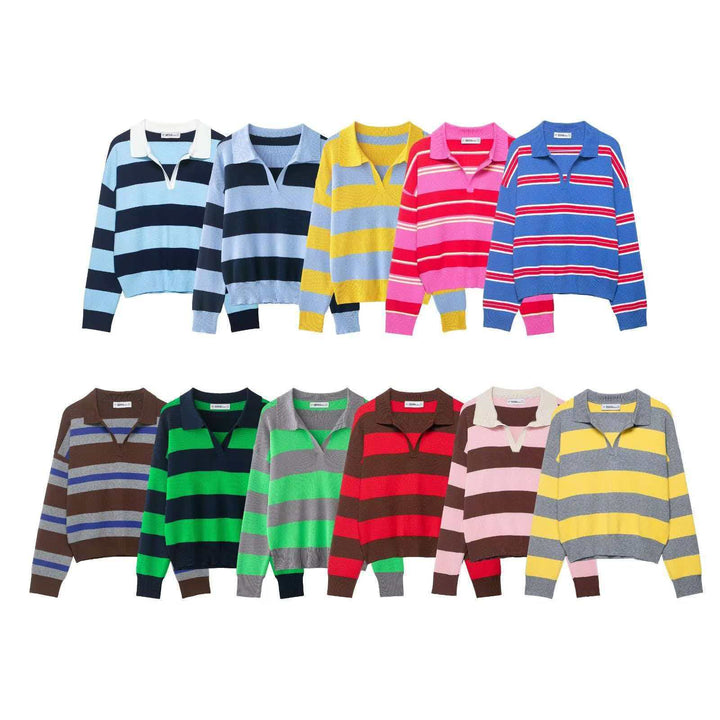 Women striped rugby knit sweater with polo collar and loose oversized fit Mune Fashion