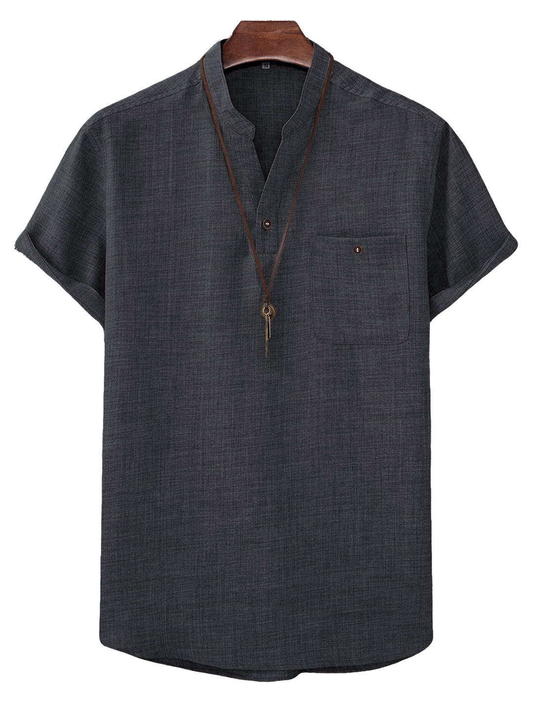 Men's casual Mandarin-style short-sleeve shirt with half-button placket, patch chest pocket, and rounded hem Mune Fashion