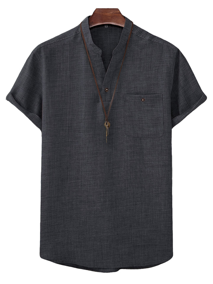 Men's casual Mandarin-style short-sleeve shirt with half-button placket, patch chest pocket, and rounded hem Mune Fashion