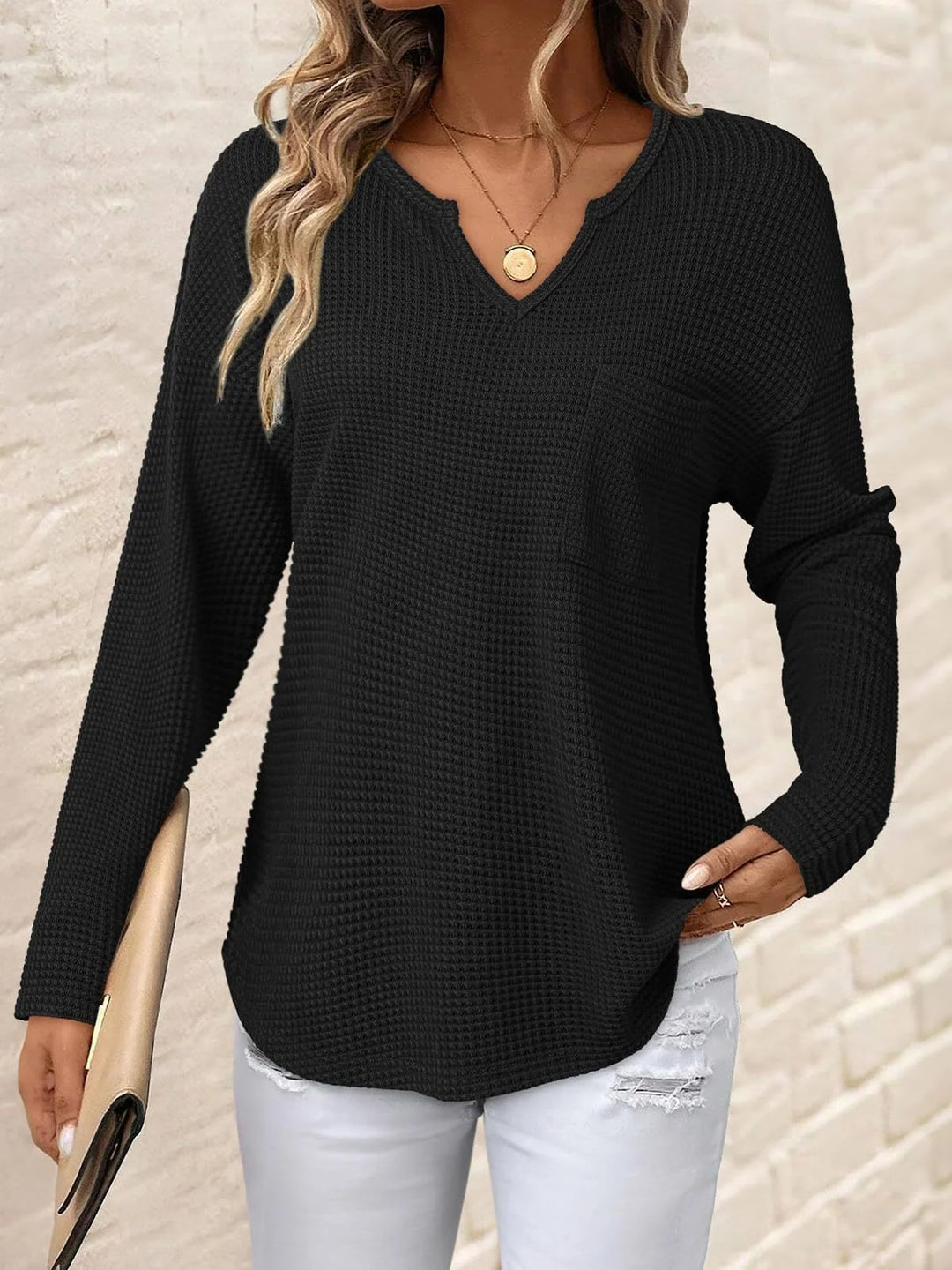 Ladies waffle knit long sleeve with V-notch, chest pocket and casual oversized fit Drune