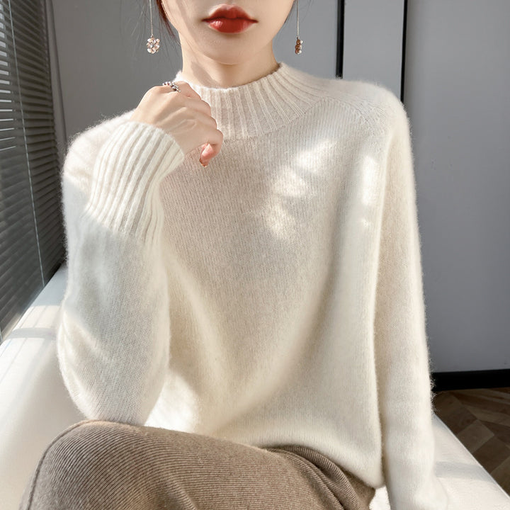 Women's Short Mock Neck Sweater made of fluffy Mohair Blend with boxy silhouette Mune Fashion