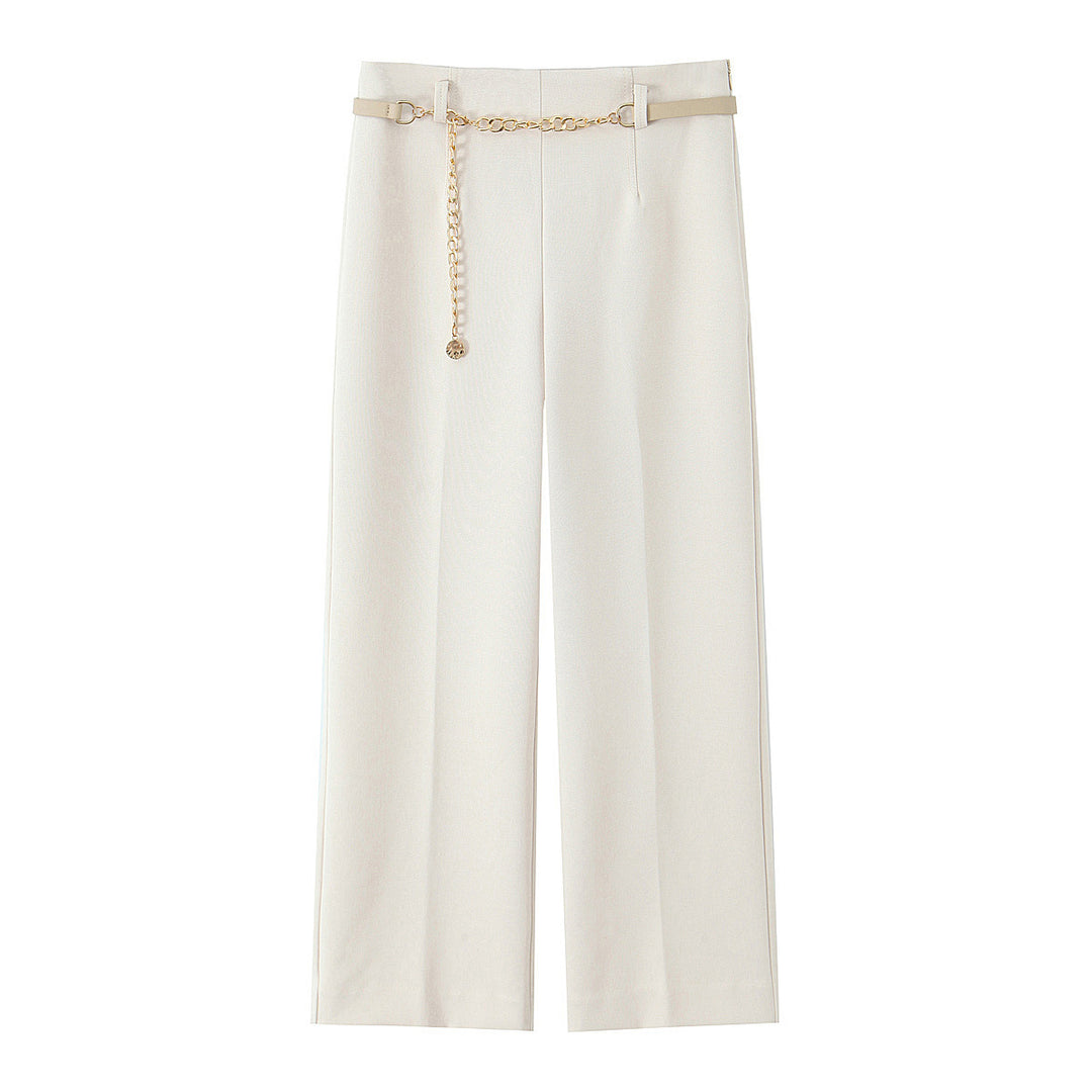 Women Elegant-wide cut suit pants with crease and decorative chain belt Mune Fashion