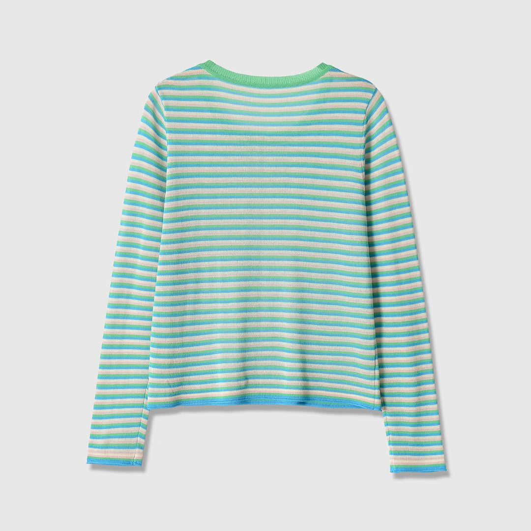 Women Striped Fine Knit Long Sleeve Shirt with Round Neckline and Figure Flattering Silhouette Mune Fashion