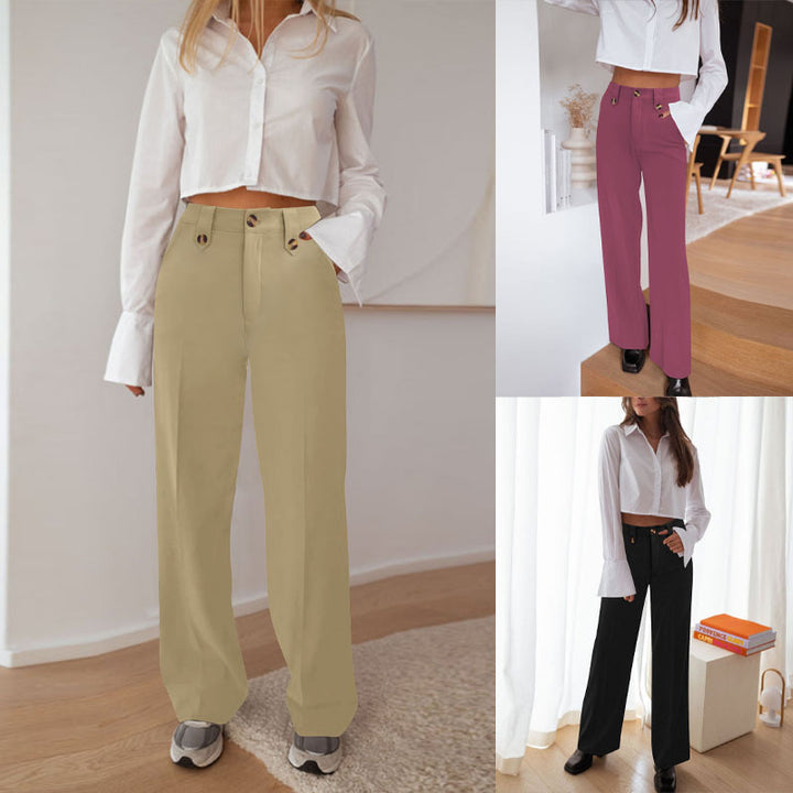 Ladies High-Waisted Palazzo Pants with Crease, Decorative Button Placket and Side Pockets Mune Fashion