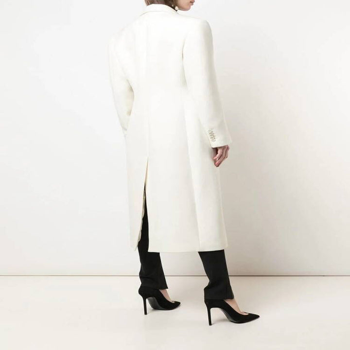 Women Slim fit double-breasted wool blend long coat with distinctive shoulder Mune Fashion