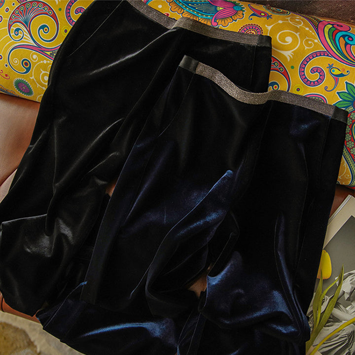 Women's High-Waisted Velvet Flared Trousers with Elastic Shiny Waistband Mune Fashion