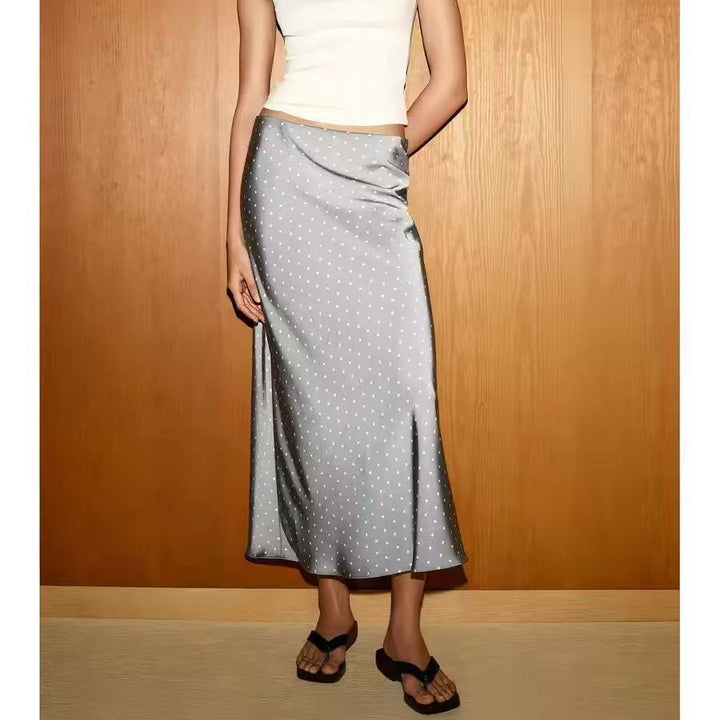 Women's midi skirt made of satin in A-line cut with high waist and polka dot print Mune Fashion