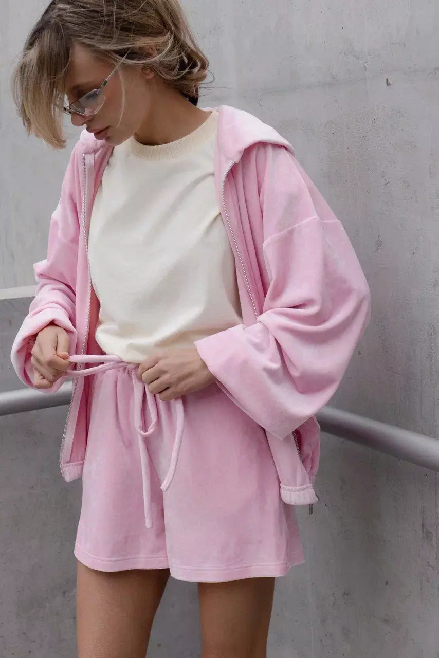 Women's casual velour lounge set with cropped hooded jacket and high-waisted shorts Mune Fashion