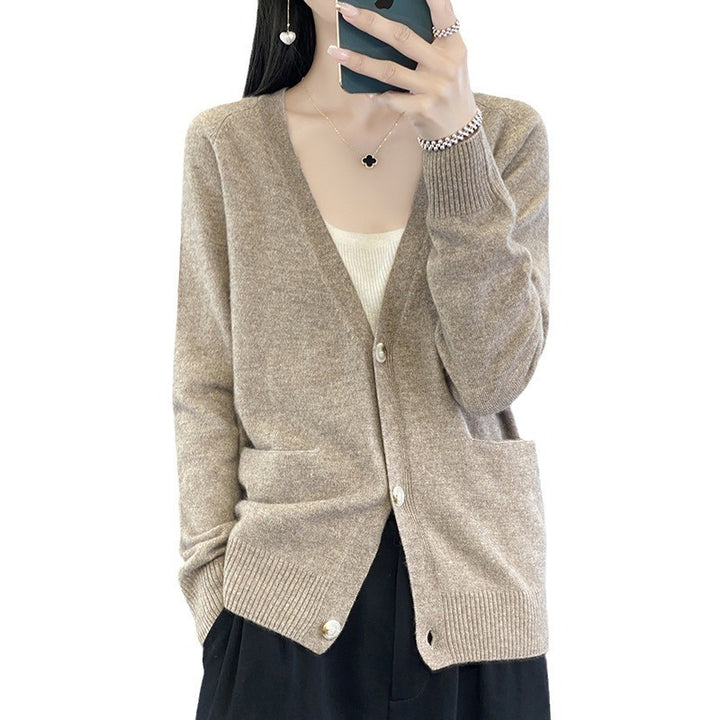 Women's Casual Fine Knit Cardigan with V-Neck, Hand Pockets and Wide Ribbed Cuff Mune Fashion